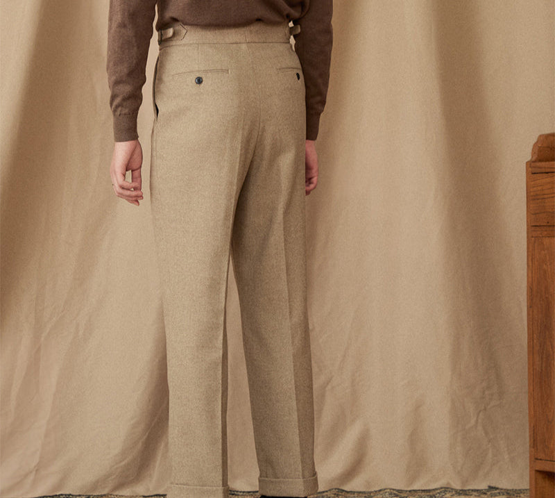 Men’s Herringbone Wool Blend Straight Fit Pleated Trousers
