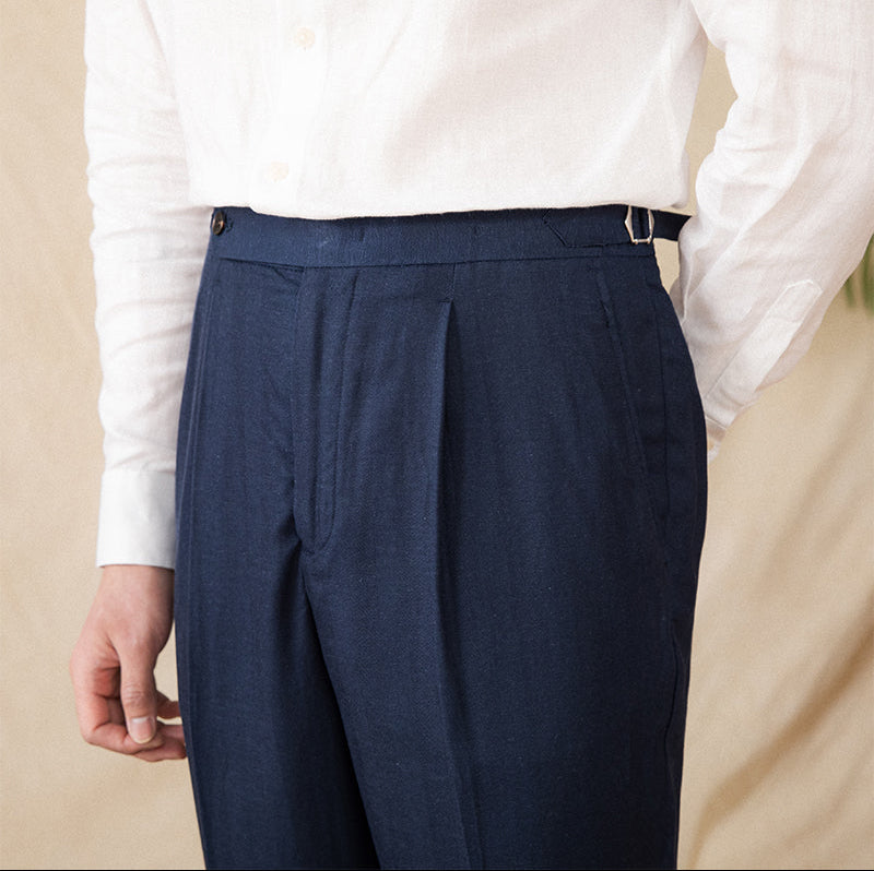 Men’s Cotton Linen Straight Fit Pleated Trousers