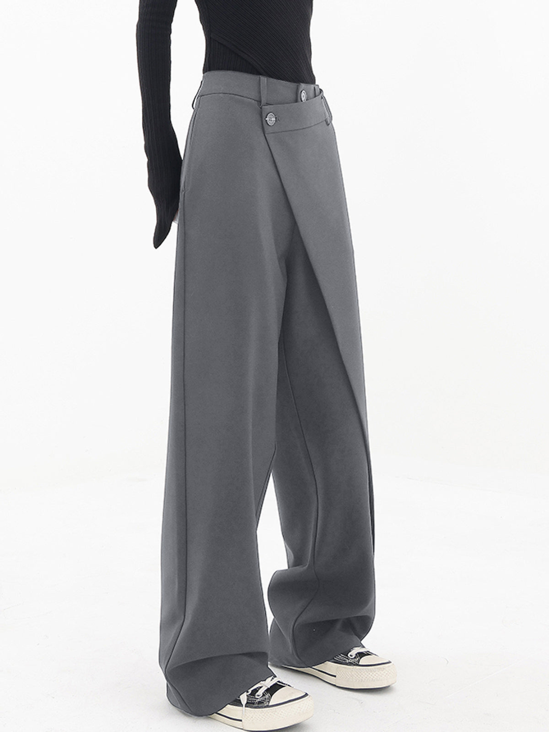 Women's Baggy Pants with Asymmetrical Waist, Wide Leg, Dropped Crotch and Button Closure