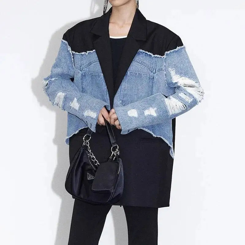 Women’s Streetwear Denim Spliced Blazer