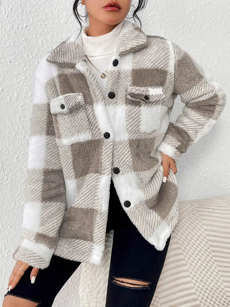 Women's Plaid Jacket with Button Front, Long Sleeves, Warm Polyester Transitional Jacket