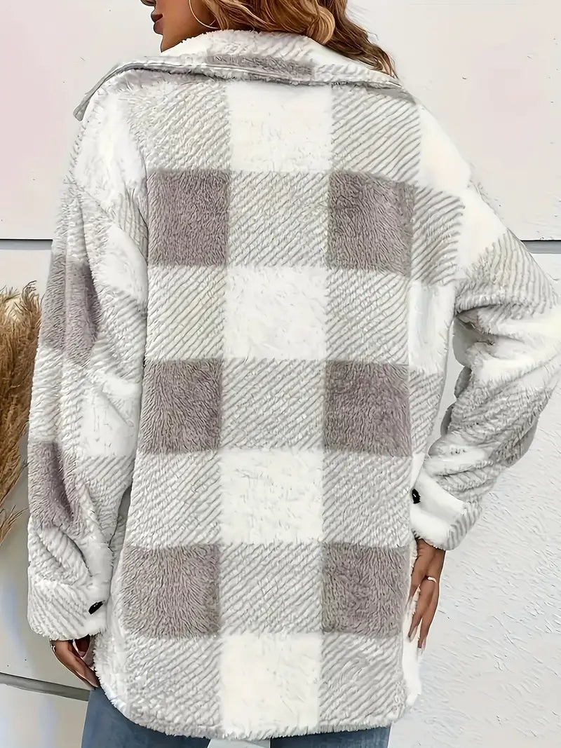 Women's Plaid Jacket with Button Front, Long Sleeves, Warm Polyester Transitional Jacket