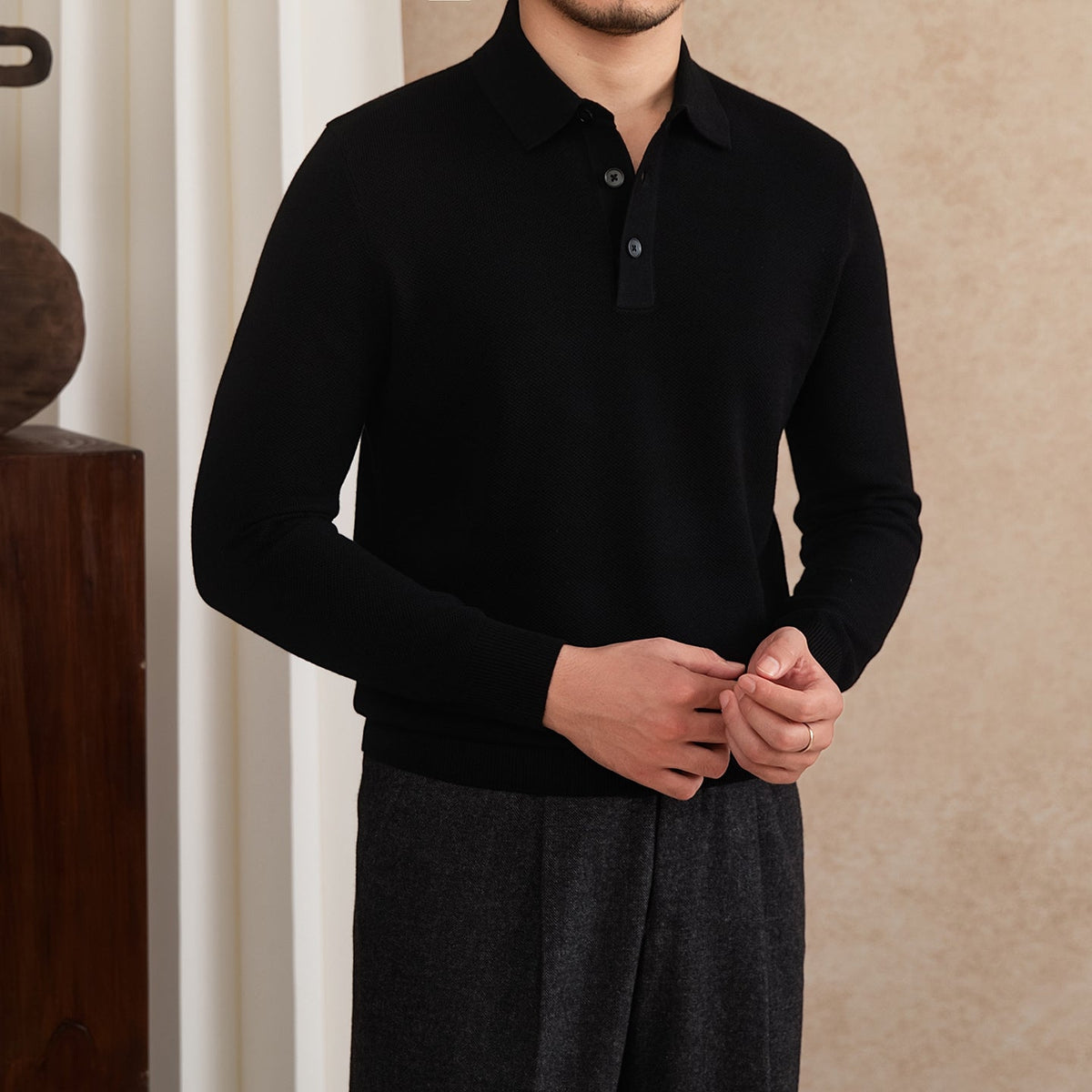 Men's Wool Blend Long Sleeve Polo Shirt