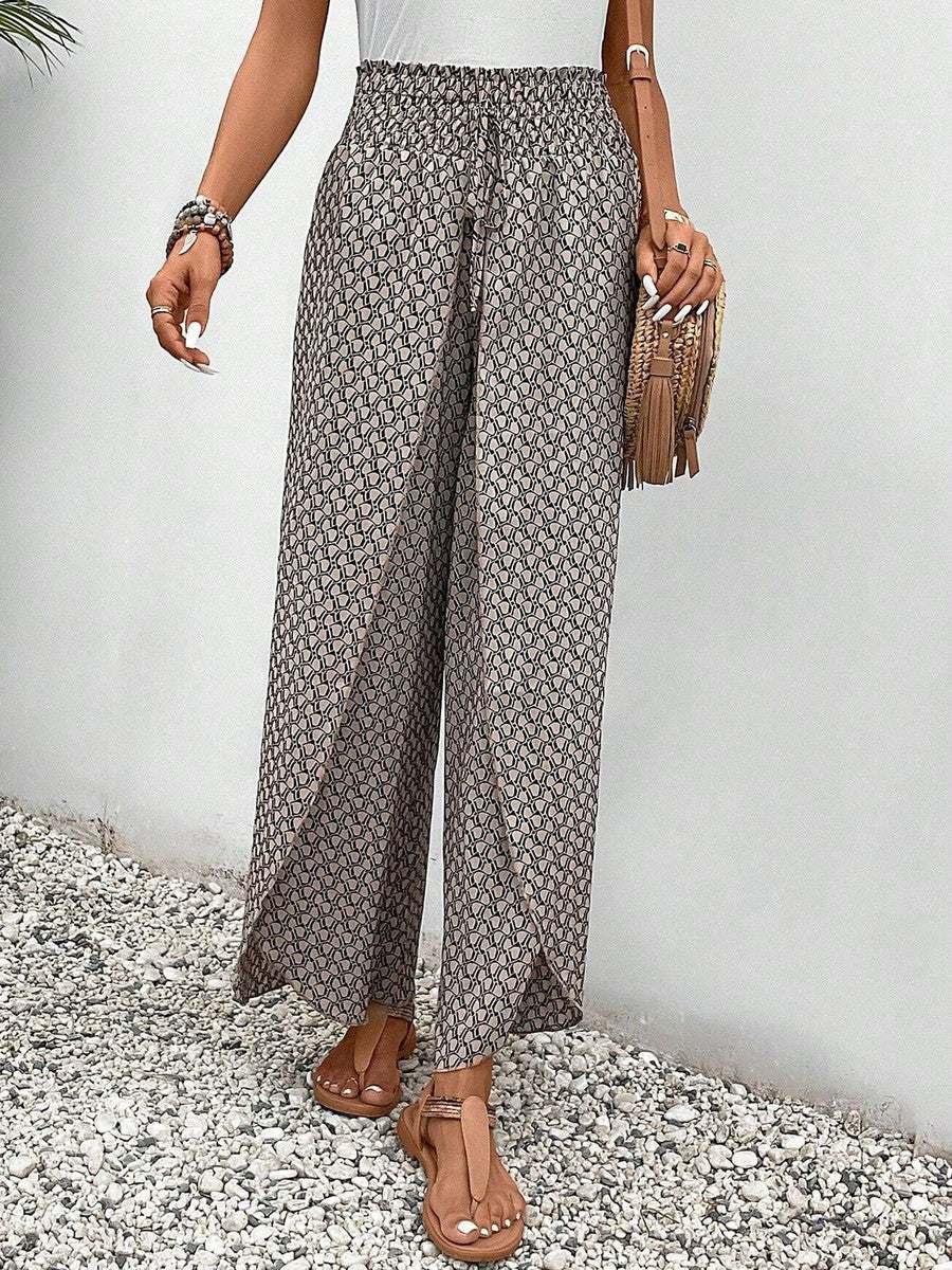 Women’s Brown Printed Trousers, Elastic Waistband, Drawstring, Viscose Stretch Pants