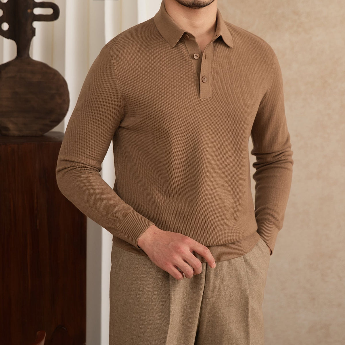 Men's Wool Blend Long Sleeve Polo Shirt