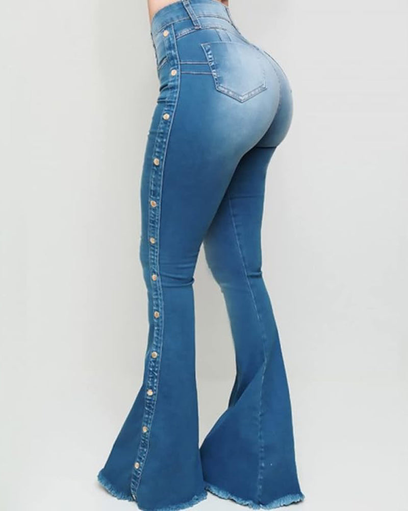 Women’s High-Waist Flared Jeans with Side Buttons, Retro Denim Trousers