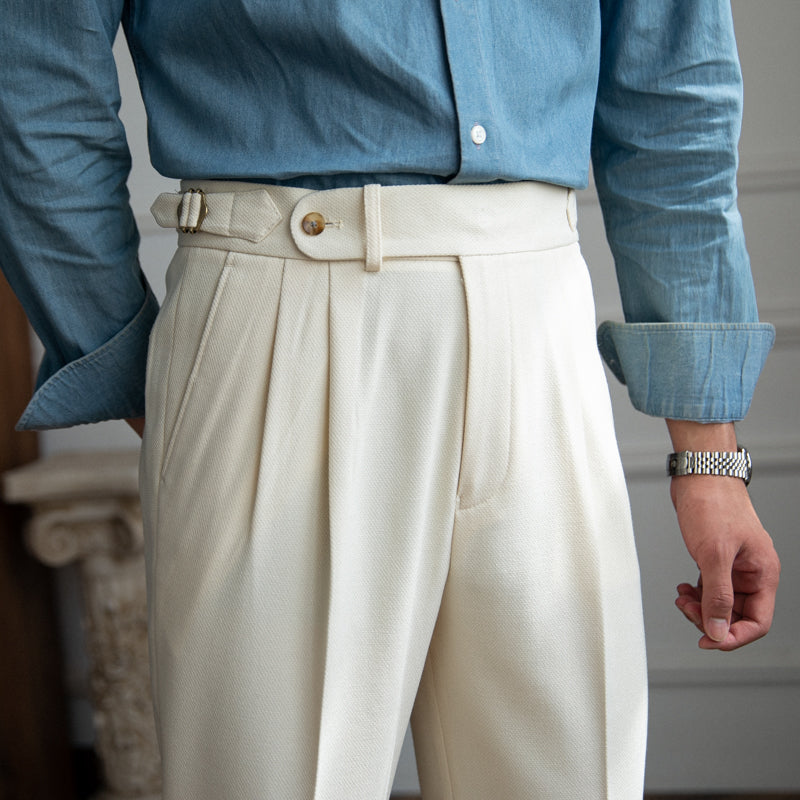 Men's Wool Blend Textured Trousers with Double Pleats