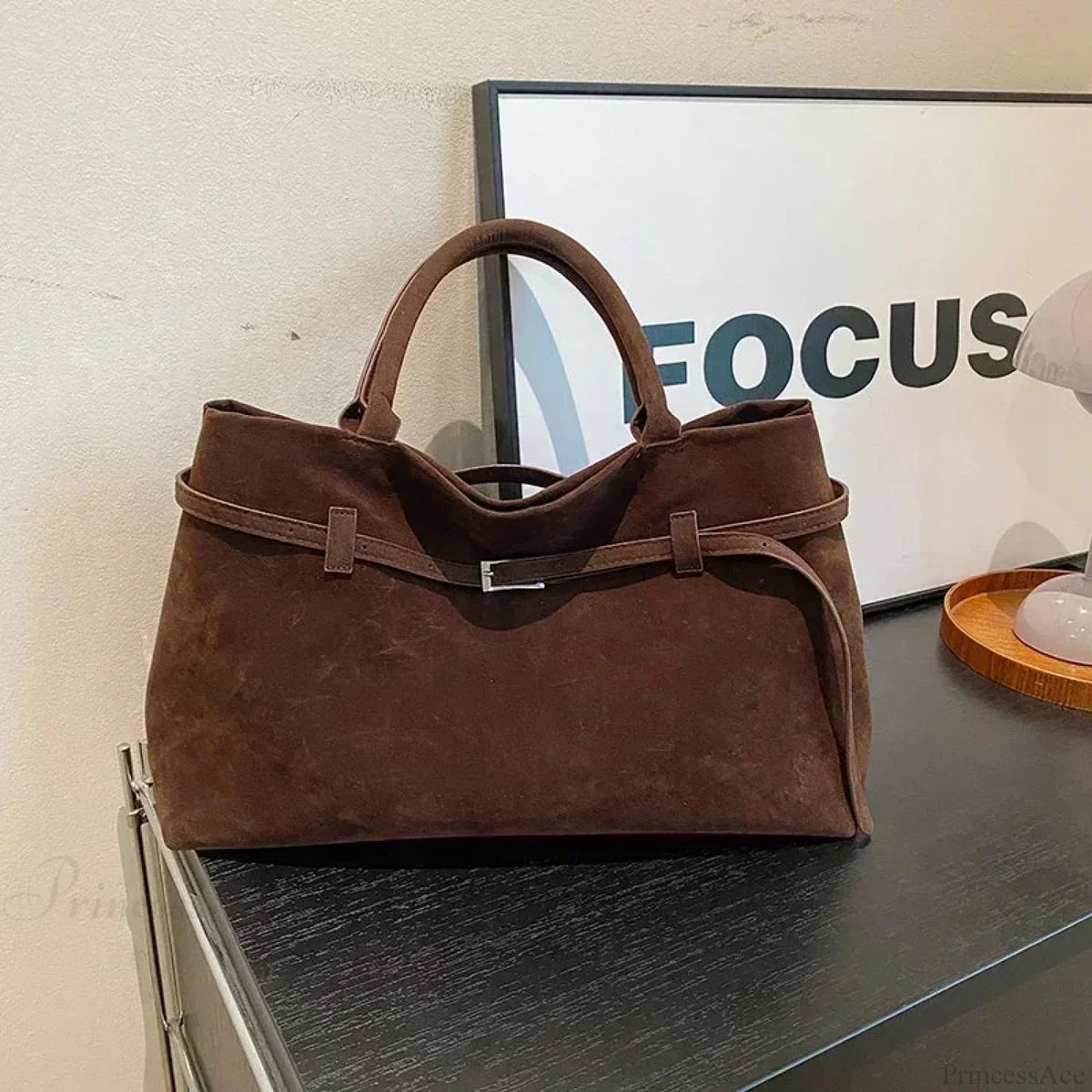 Women’s Large Faux Suede Tote Bag with Hasp Closure