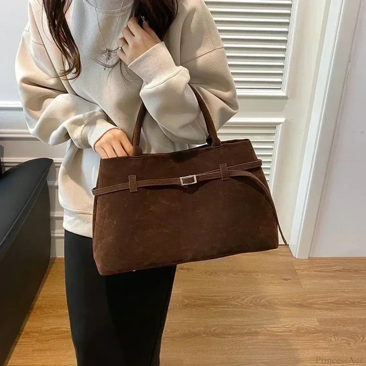Women’s Large Faux Suede Tote Bag with Hasp Closure