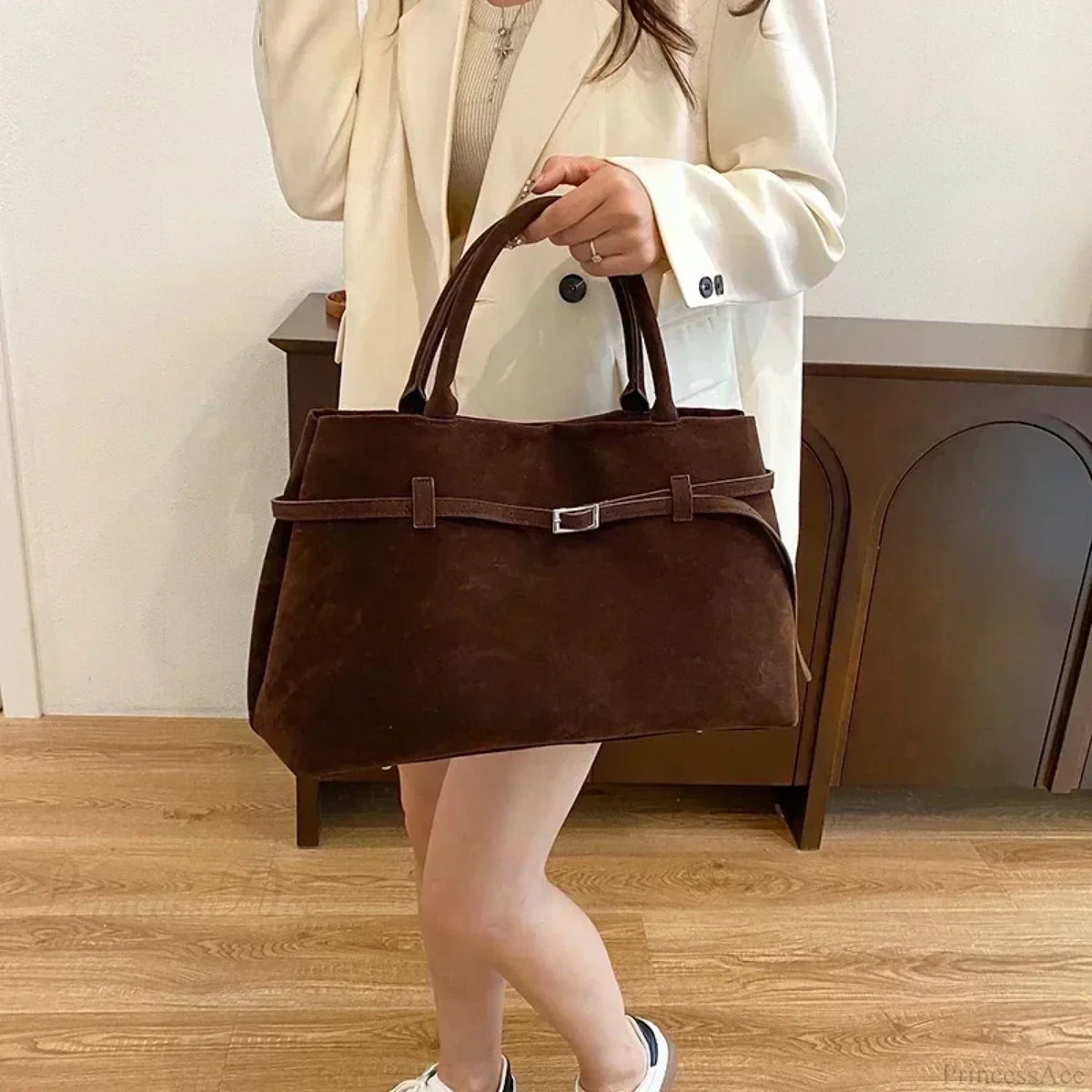 Women’s Large Faux Suede Tote Bag with Hasp Closure