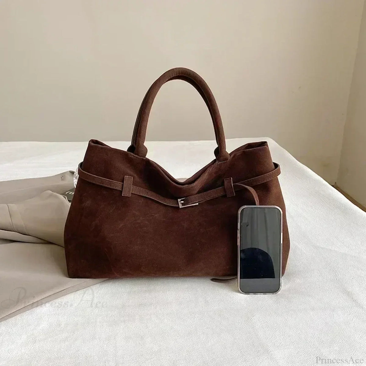 Women’s Large Faux Suede Tote Bag with Hasp Closure