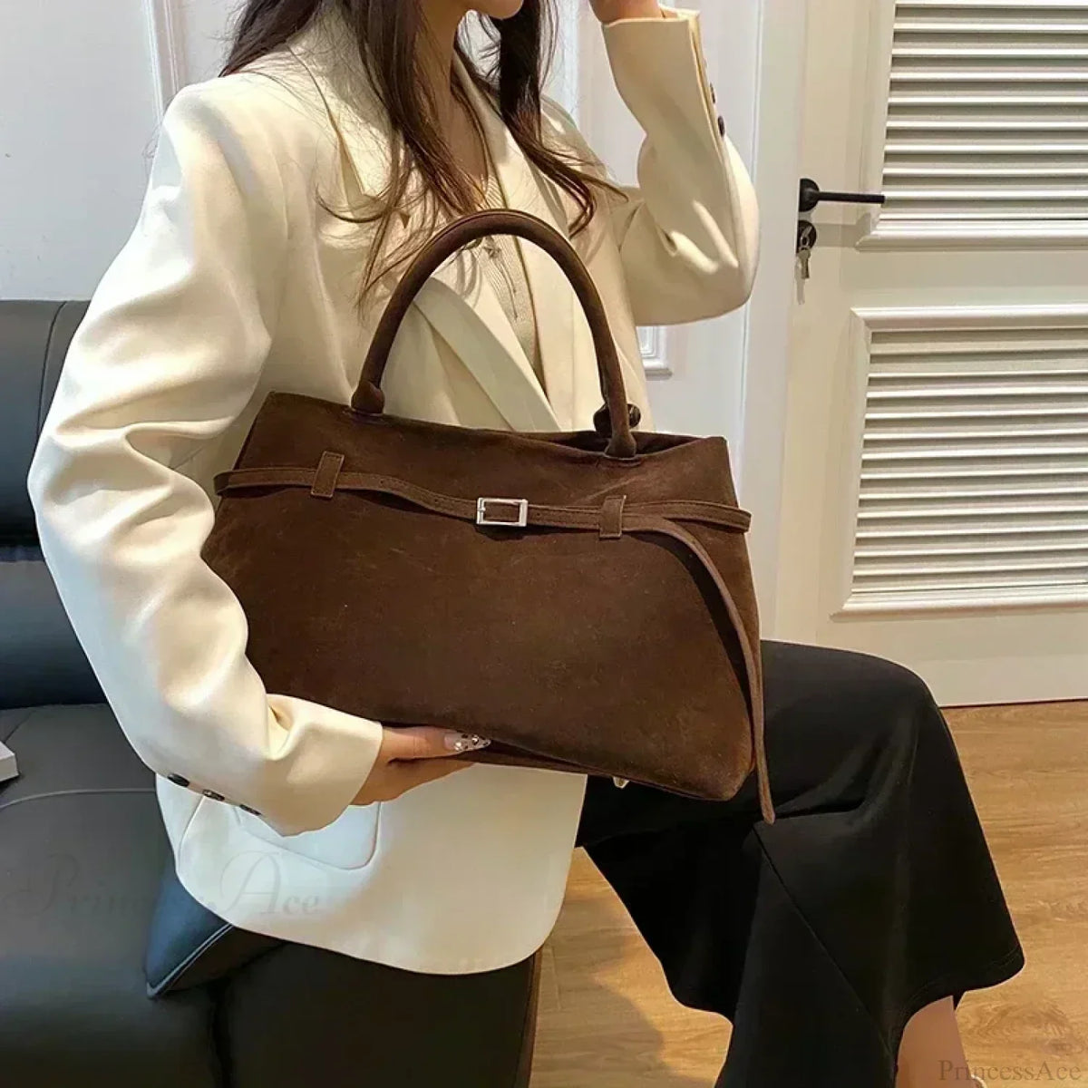 Women’s Large Faux Suede Tote Bag with Hasp Closure