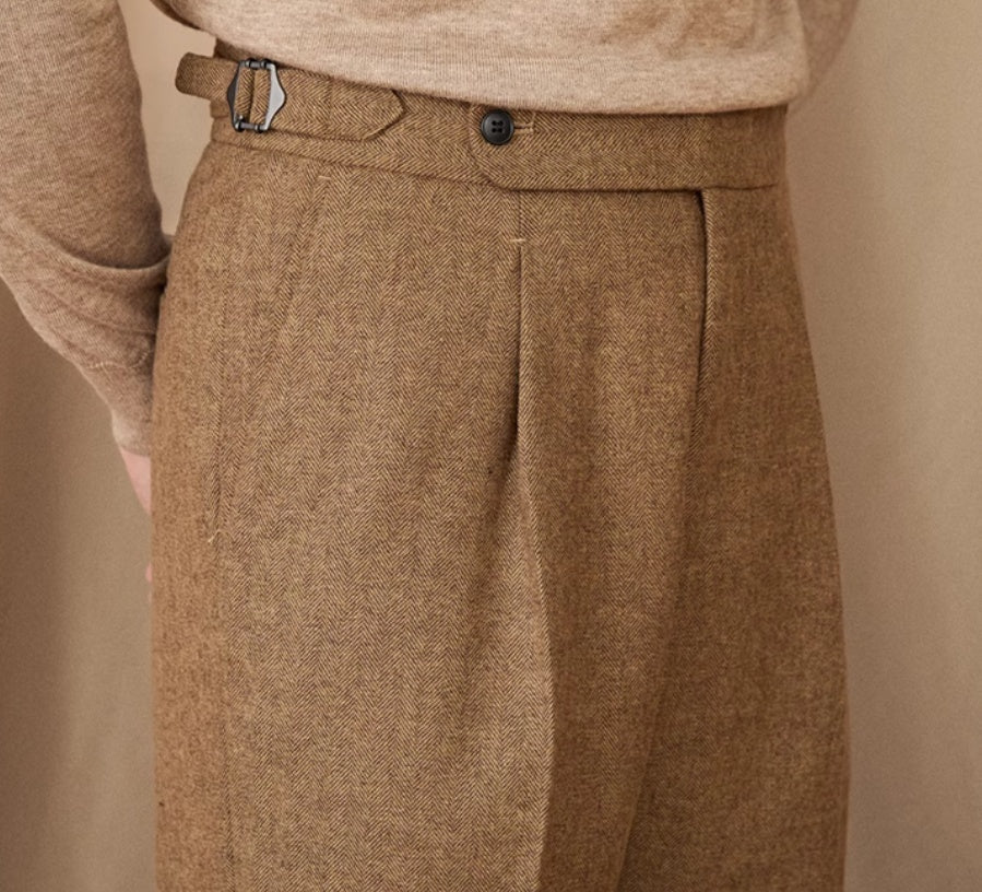 Men’s Herringbone Wool Blend Straight Fit Pleated Trousers