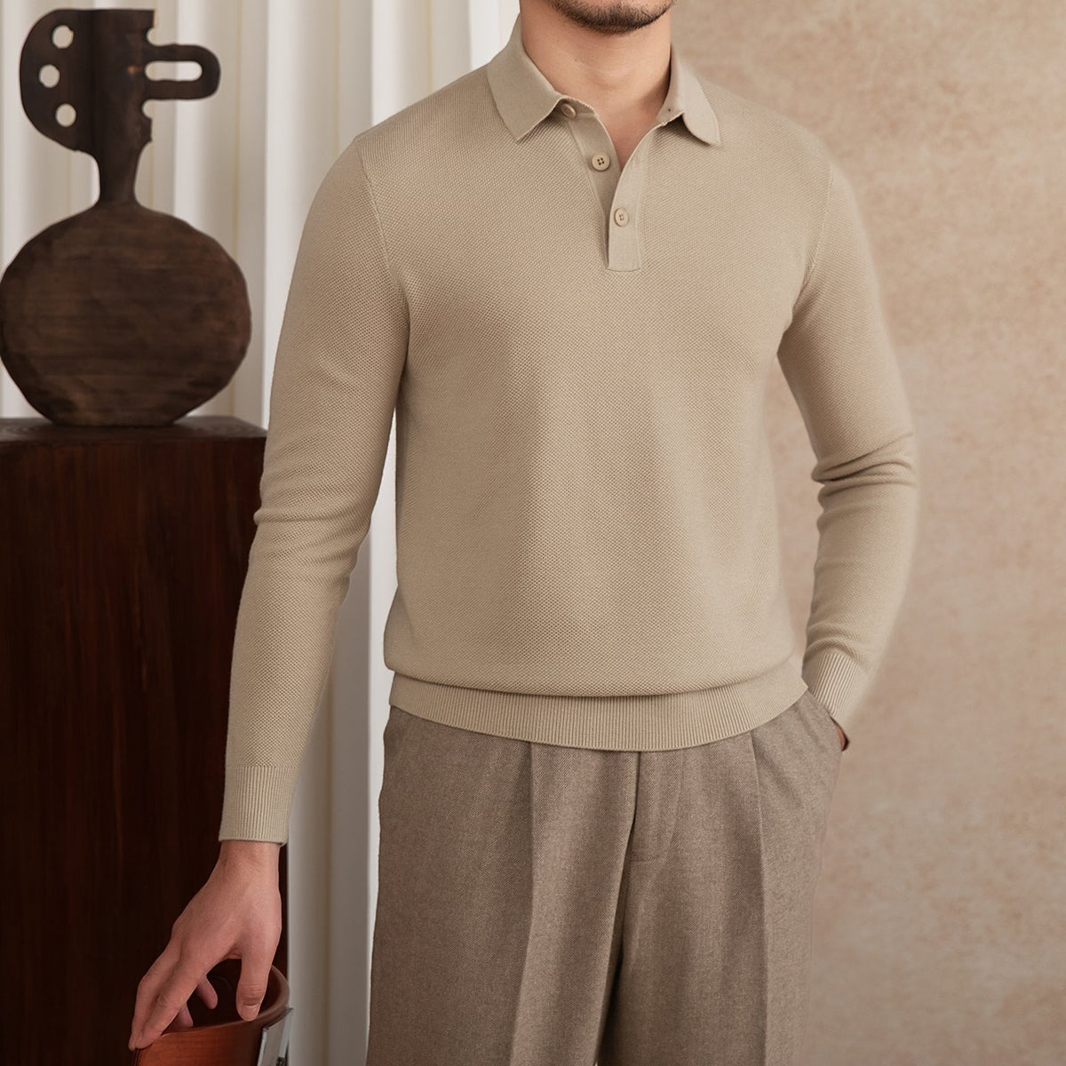 Men's Wool Blend Long Sleeve Polo Shirt