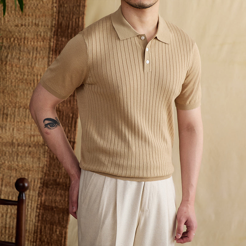 Men's Ribbed Pleated Knit Polo Shirt