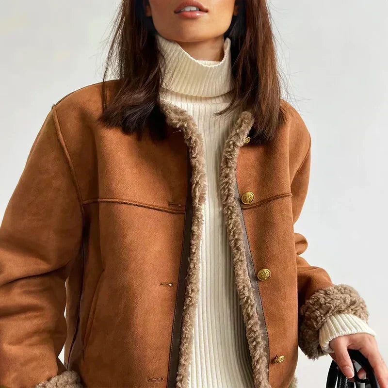 Women's Shearling Jacket with Button Front, Long Sleeves, Lined Winter Coat, Regular Fit
