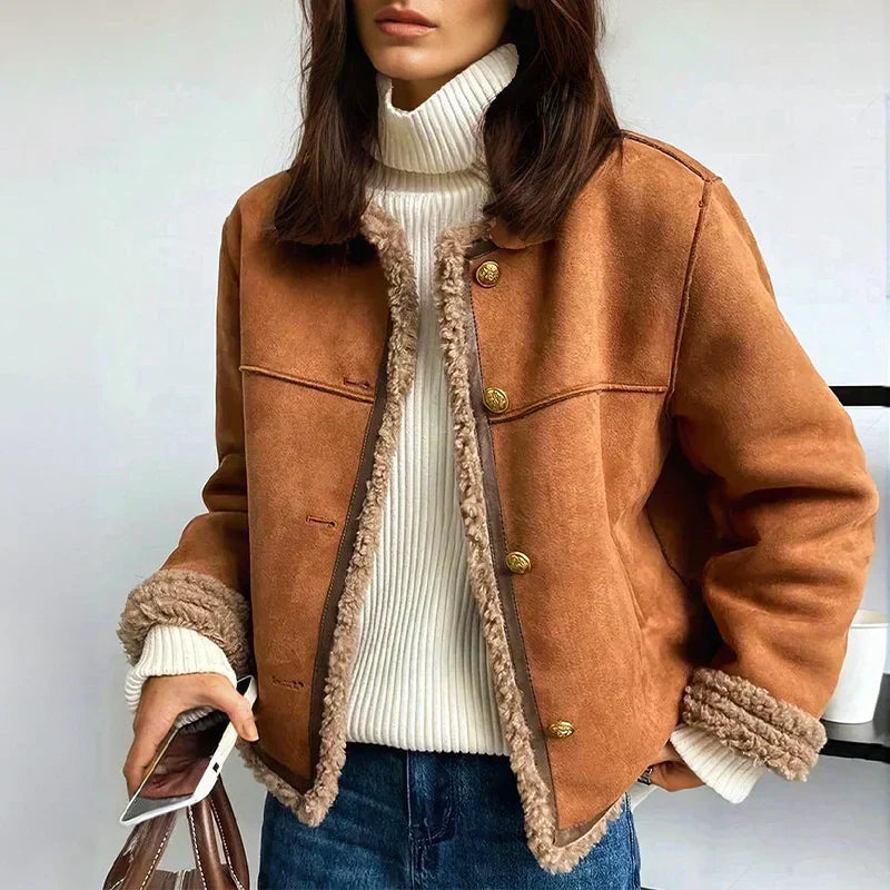 Women's Shearling Jacket with Button Front, Long Sleeves, Lined Winter Coat, Regular Fit