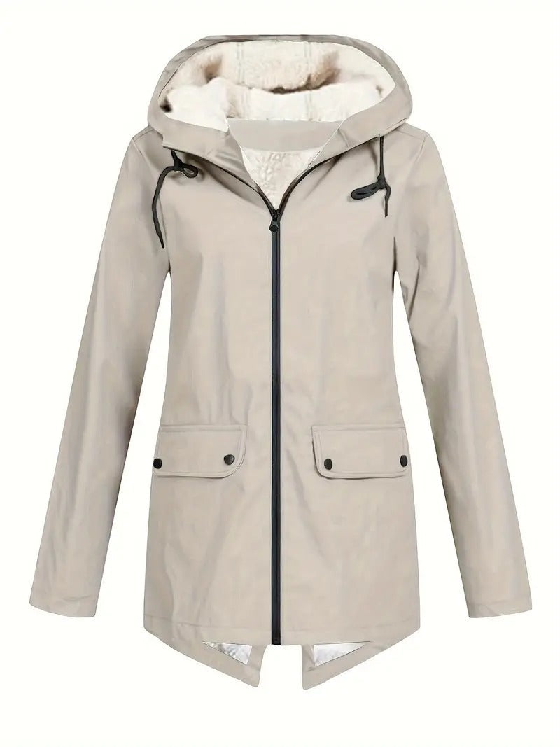 Women's Hooded Winter Jacket, Wind-Resistant, Zip Closure, Flap Pockets, Transitional Jacket