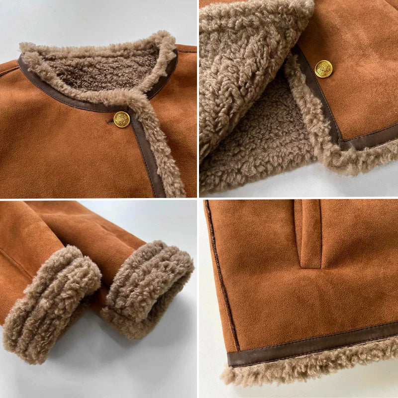 Women's Shearling Jacket with Button Front, Long Sleeves, Lined Winter Coat, Regular Fit