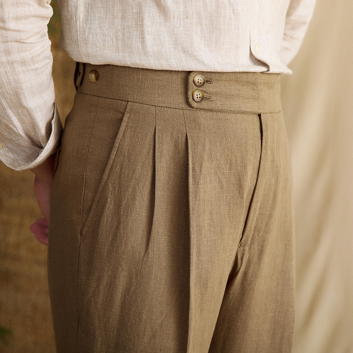 Men's Portofino Linen Double Pleated Straight Fit Trousers