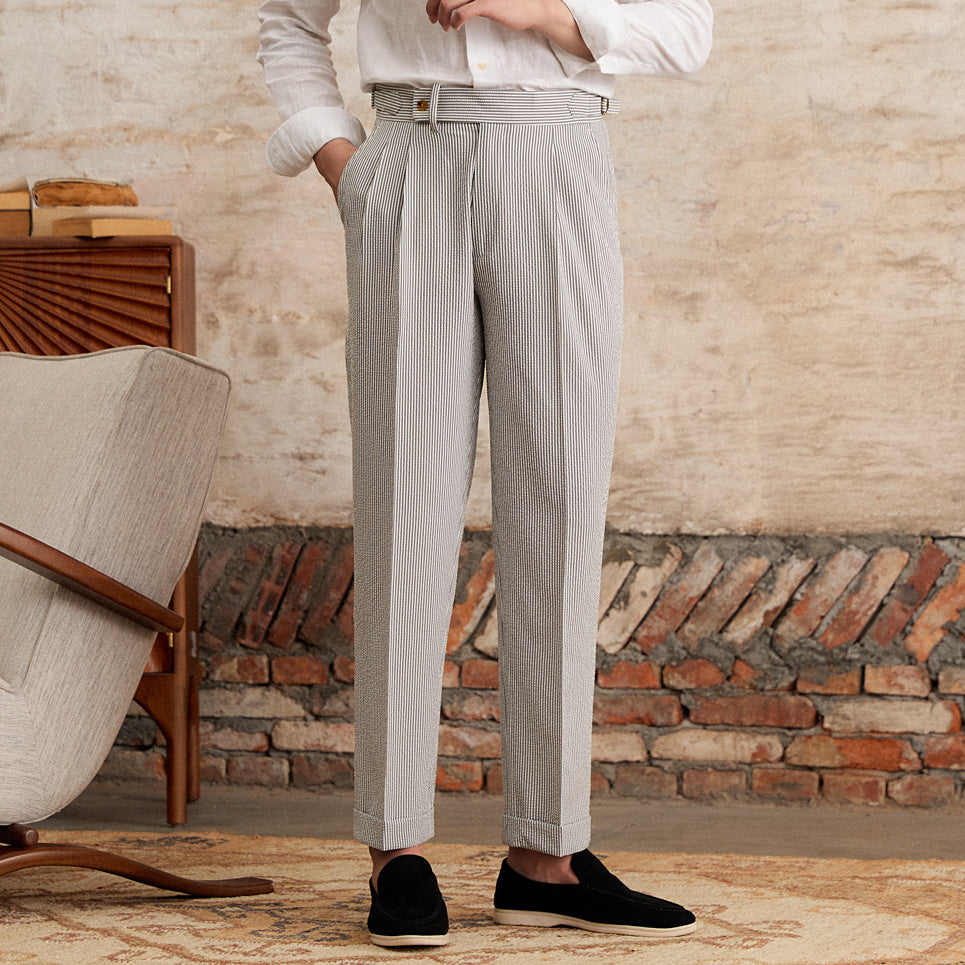 Men’s Seersucker Double Pleated Straight Fit Trousers
