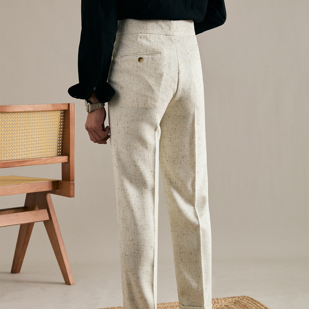 Men's Linen Straight-Fit Trousers with Double Pleats