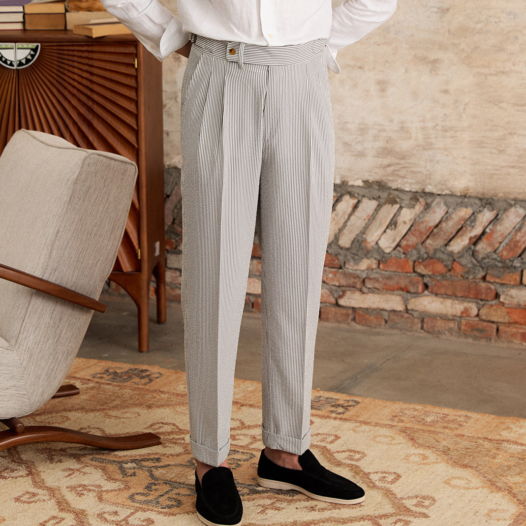 Men’s Seersucker Double Pleated Straight Fit Trousers