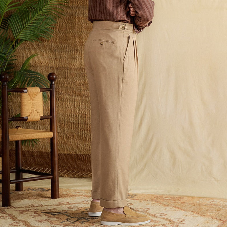 Men's Monaco Linen Double Pleated Straight Fit Trousers