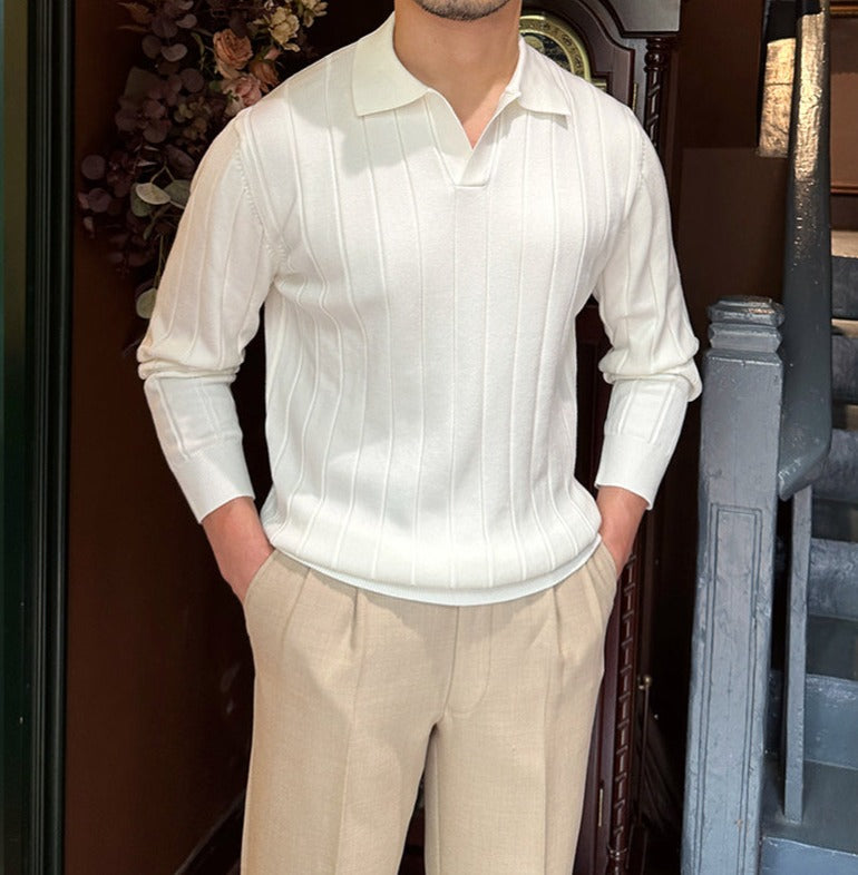 Men’s Pleated Knitted Long Sleeve Polo Shirt
