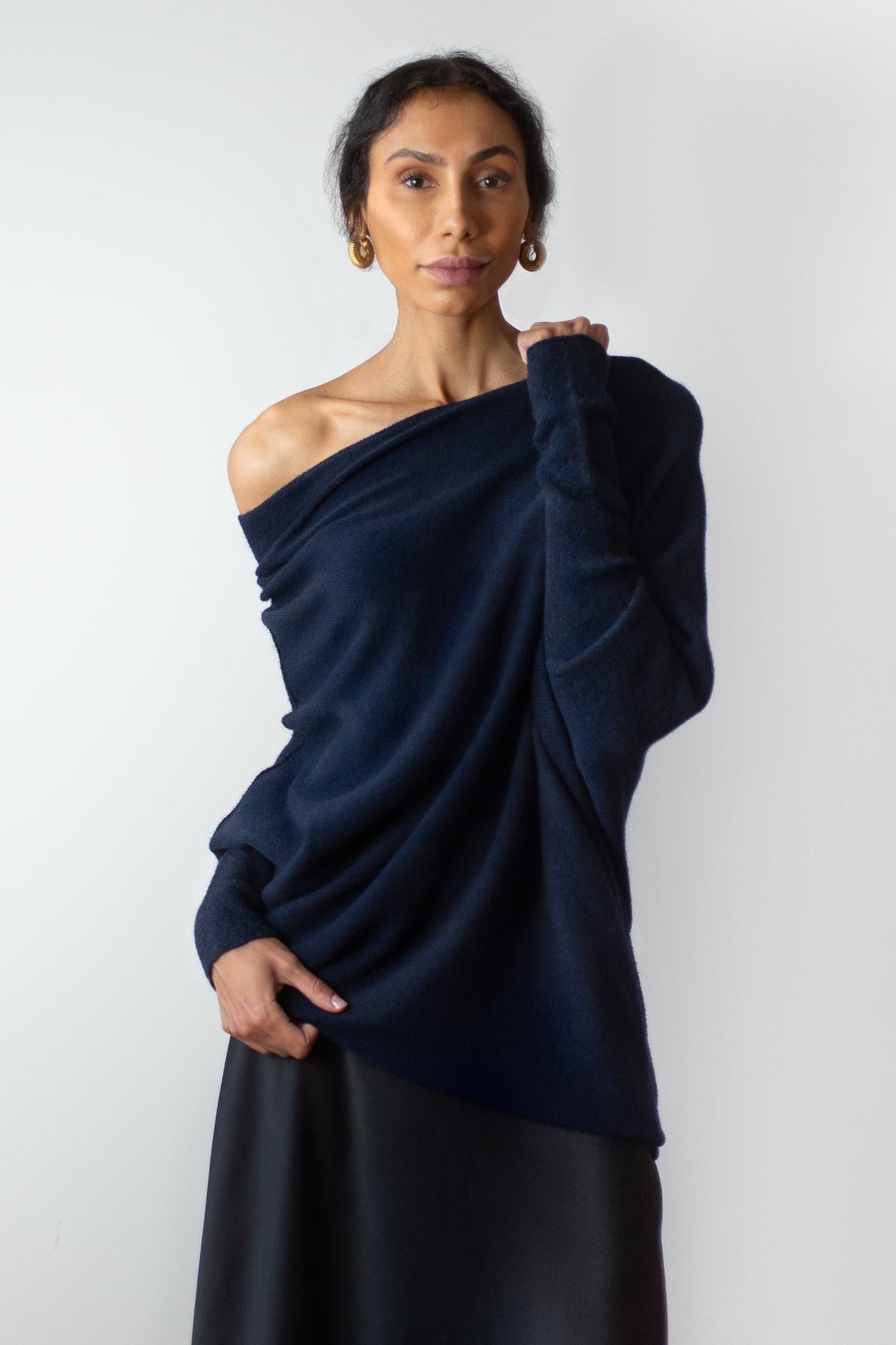 Women's Navy Asymmetrical Draped Seamless Knit Top