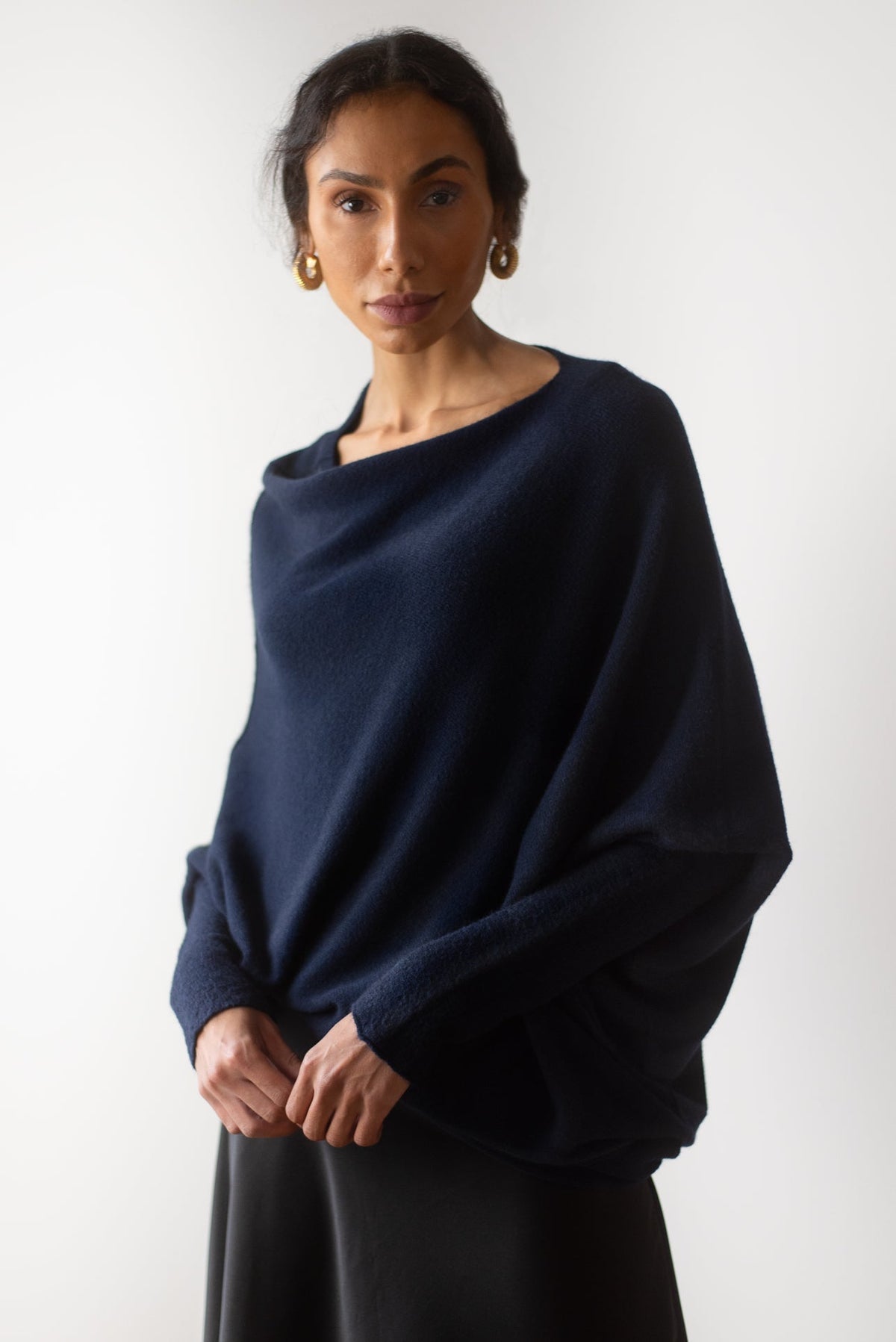 Women's Navy Asymmetrical Draped Seamless Knit Top