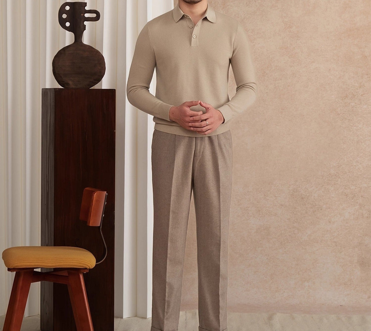 Men's Wool Blend Long Sleeve Polo Shirt