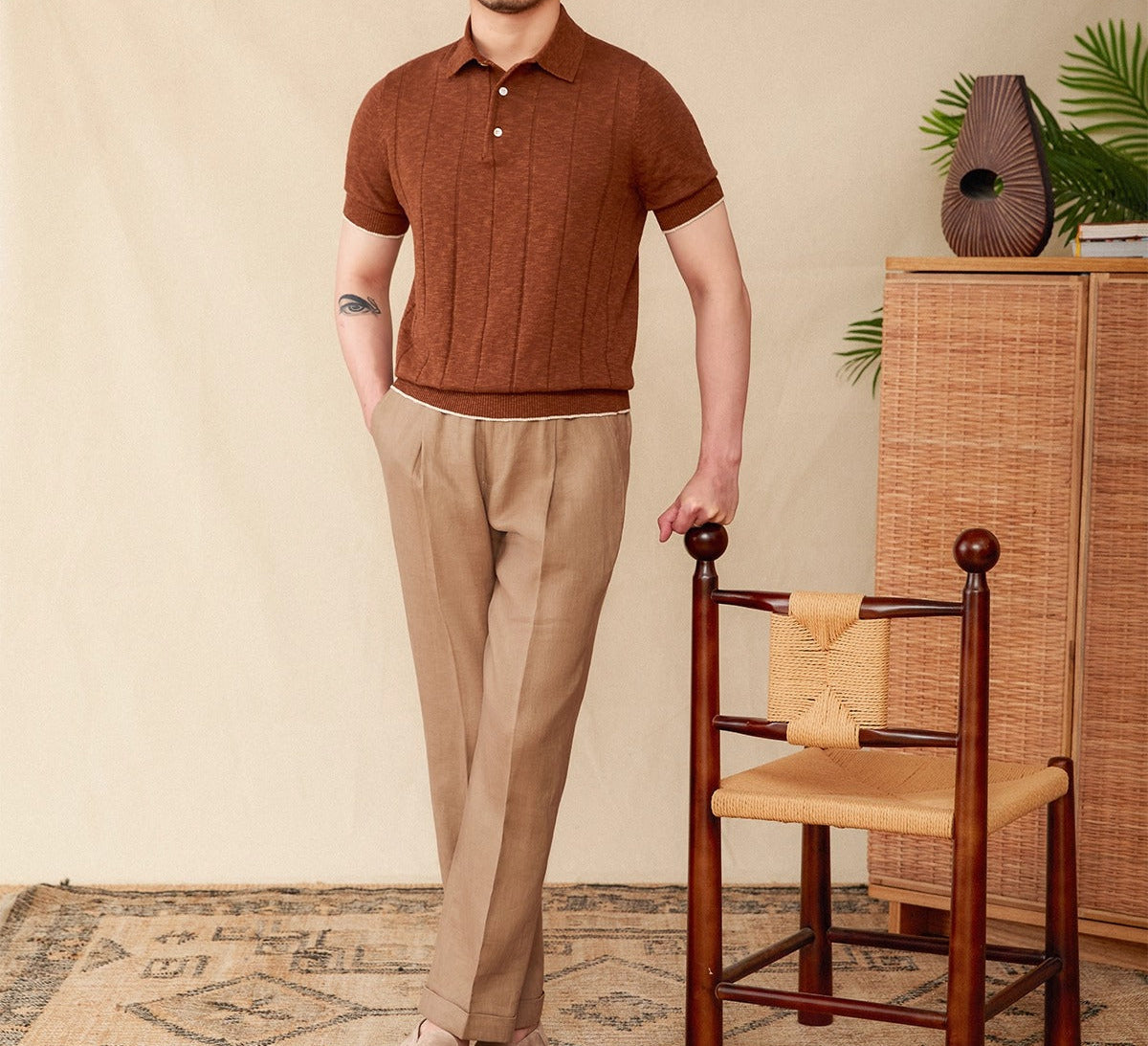 Men's Pleated Cotton-Linen Blend Short Sleeve Polo Shirt