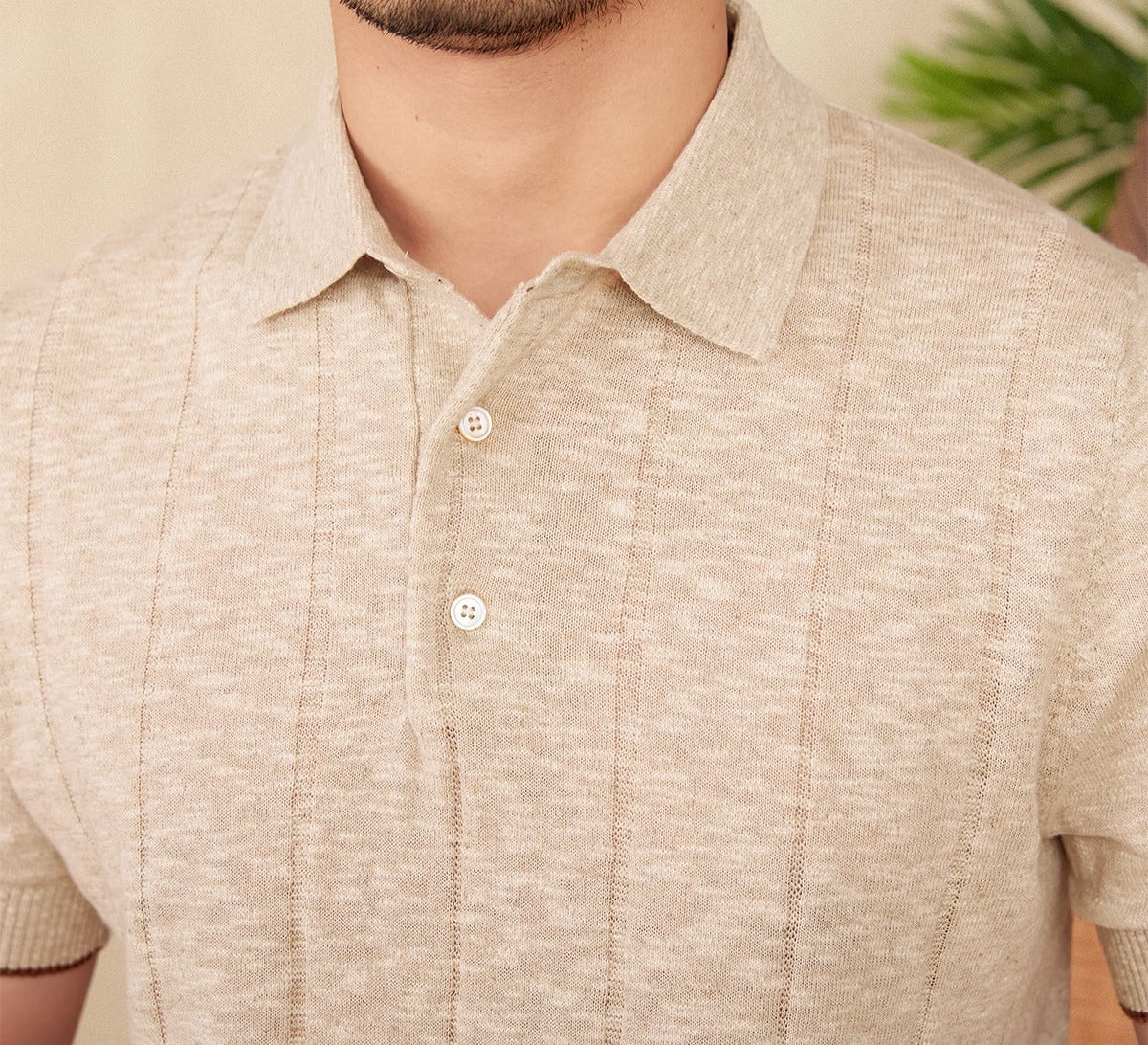 Men's Pleated Cotton-Linen Blend Short Sleeve Polo Shirt