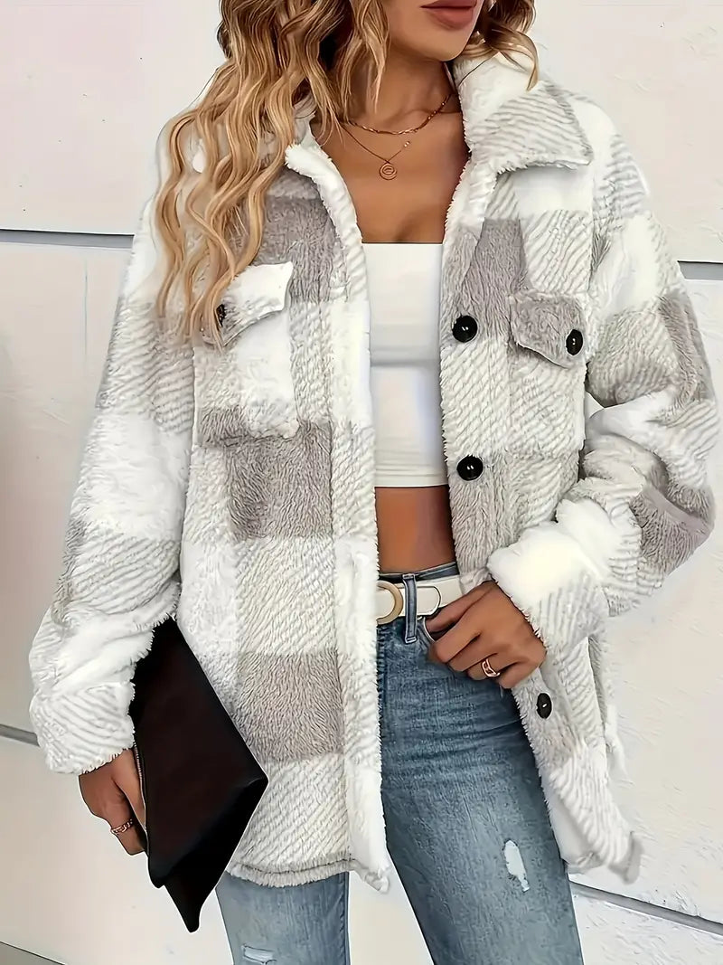 Women's Plaid Jacket with Button Front, Long Sleeves, Warm Polyester Transitional Jacket