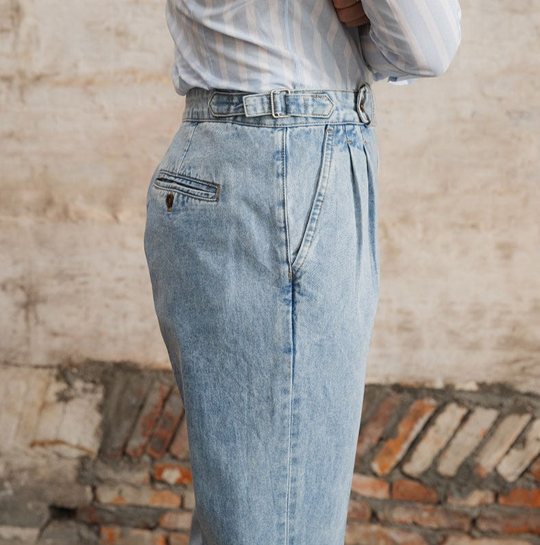 Men's Barcelona Cotton Pleated Straight Fit Denim Trousers