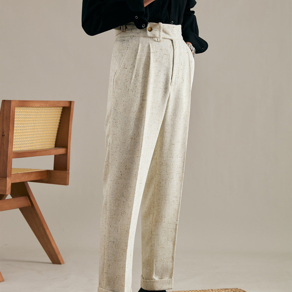 Men's Linen Straight-Fit Trousers with Double Pleats