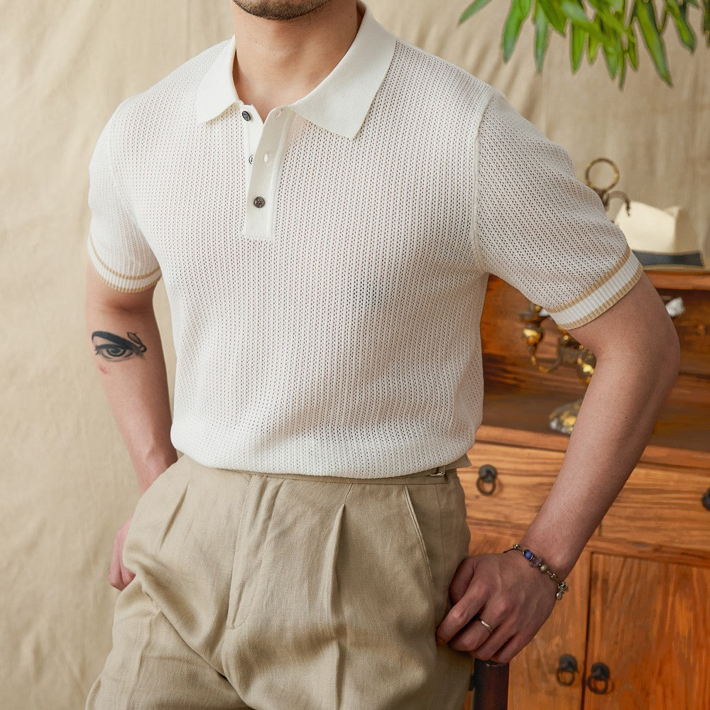 Men’s Contrast Crochet Knit Short Sleeve Polo Shirt