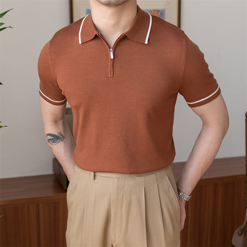 Men’s Zipped Contrast Knit Polo Shirt