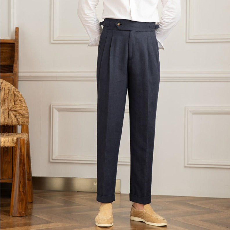 Men's Casino Royale Linen Blend Double Pleated Straight Fit Trousers