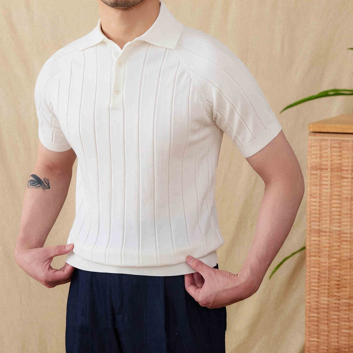 Men’s Pleated Cotton Blend Short Sleeve Polo Shirt