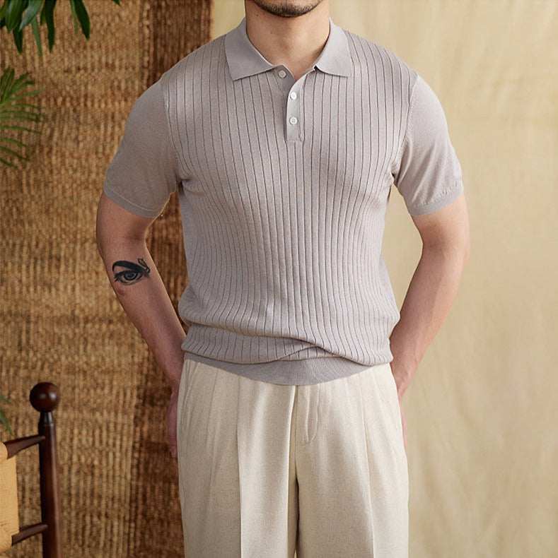 Men's Ribbed Pleated Knit Polo Shirt