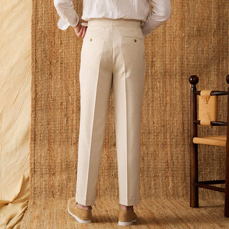 Men's Monaco Linen Double Pleated Straight Fit Trousers