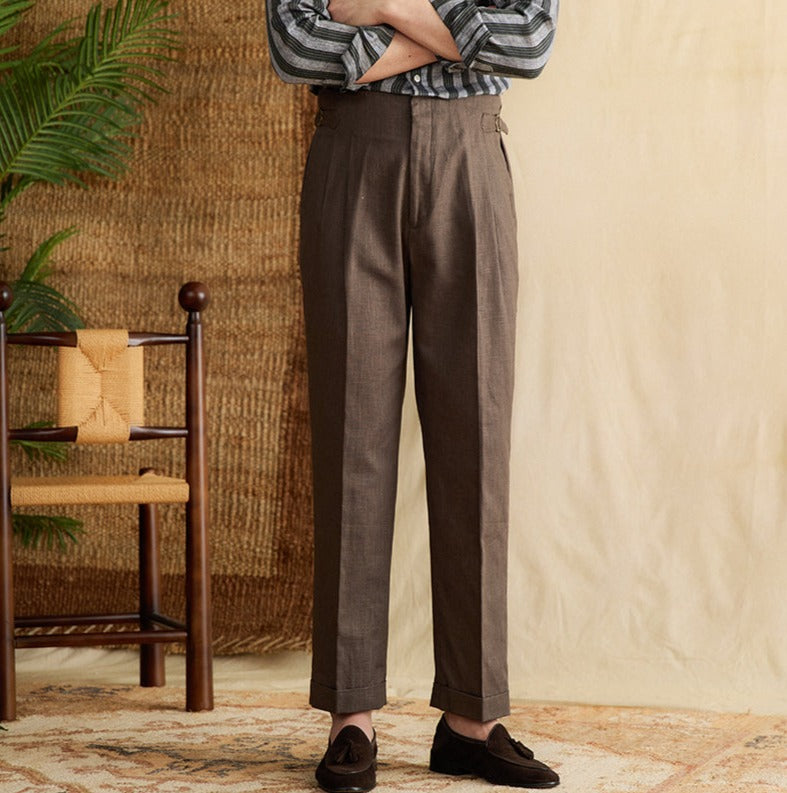 Men's  Semplice Linen Blend Double Pleated Straight Fit Trousers