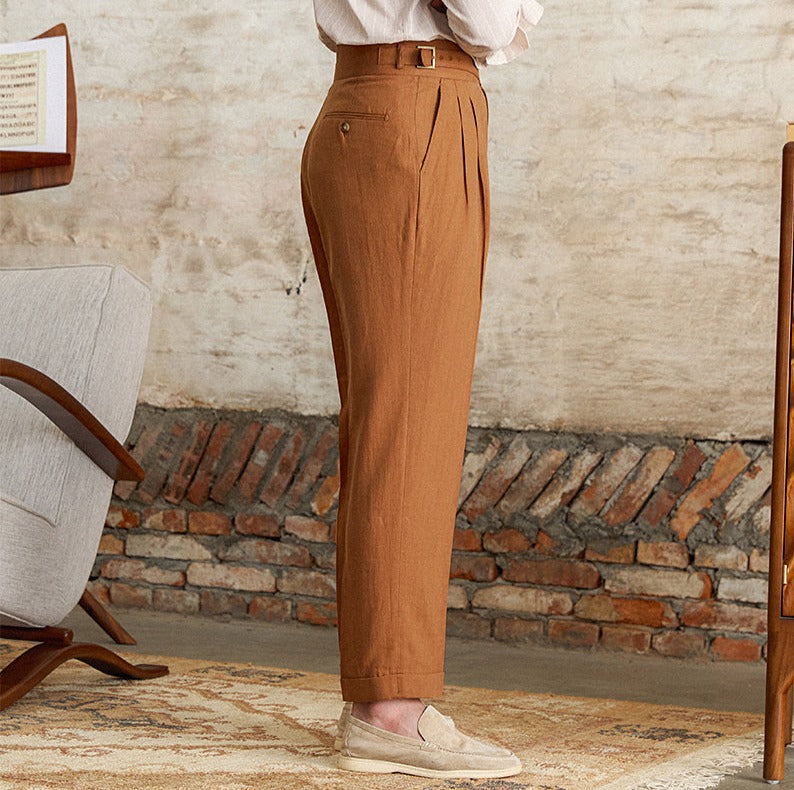 Men's  Napolitana Linen Blend Double Pleated Straight Fit Trousers