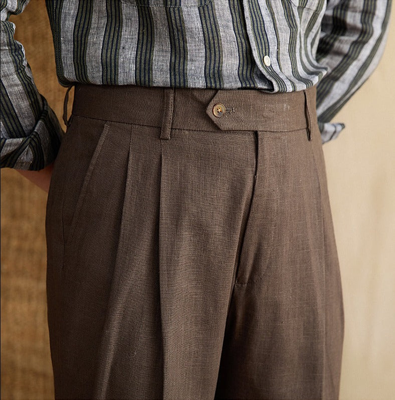 Men's  Bergamo Cotton Linen Blend Double Pleated Straight Fit Trousers
