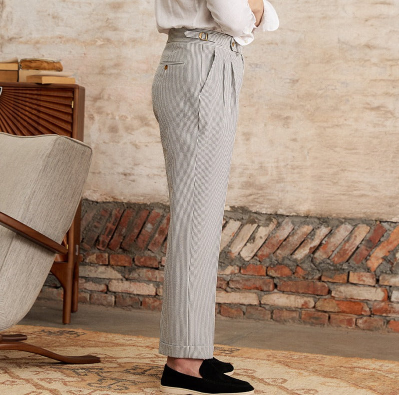 Men’s Seersucker Double Pleated Straight Fit Trousers