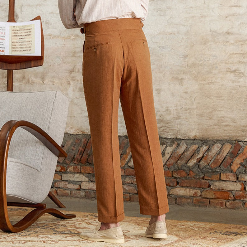 Men's  Napolitana Linen Blend Double Pleated Straight Fit Trousers