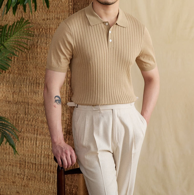 Men's Ribbed Pleated Knit Polo Shirt