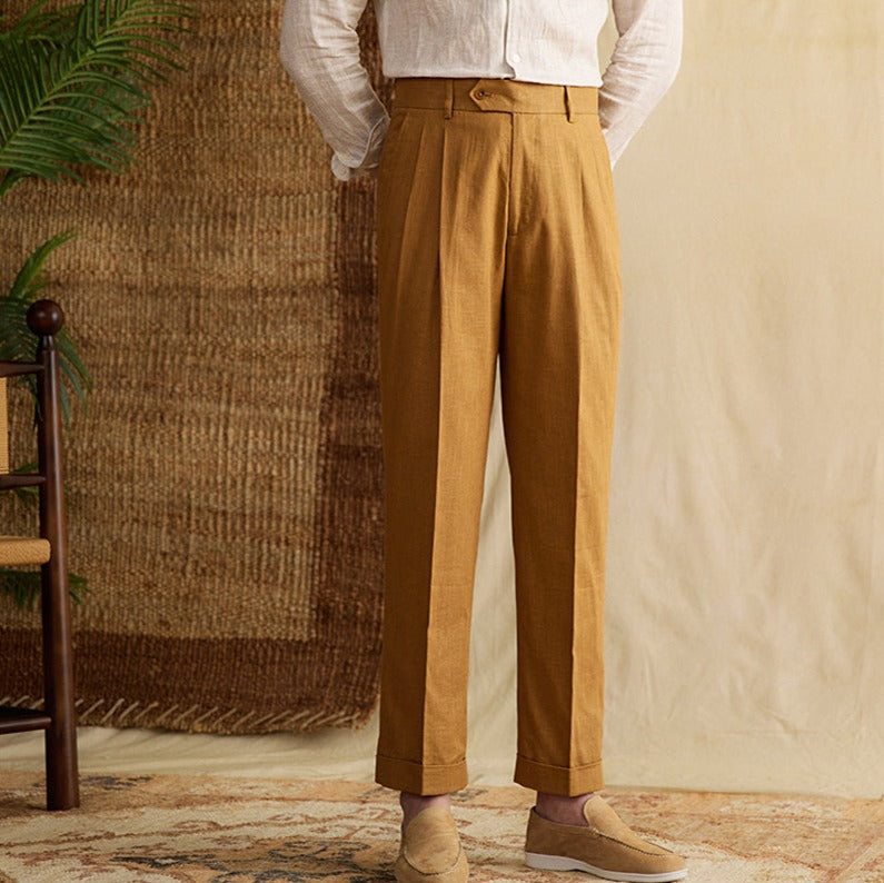 Men's  Bergamo Cotton Linen Blend Double Pleated Straight Fit Trousers